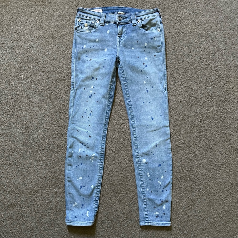 True Religion Halle Mid Rise Super Skinny Paint Splatter Jeans Sz 26